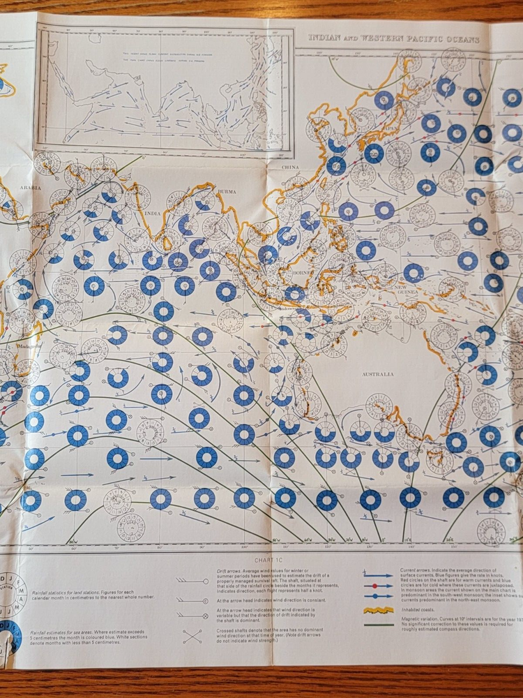 Vintage Hydrographic US Navy Pilot Chart / Indian & Western Pacific Oceans Map
