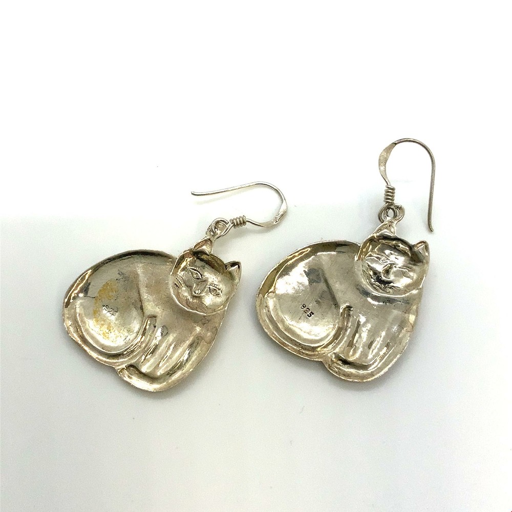 Vintage Signed 925 Sterling Handmade Carved Cat Shape Dangle Hook Earrings