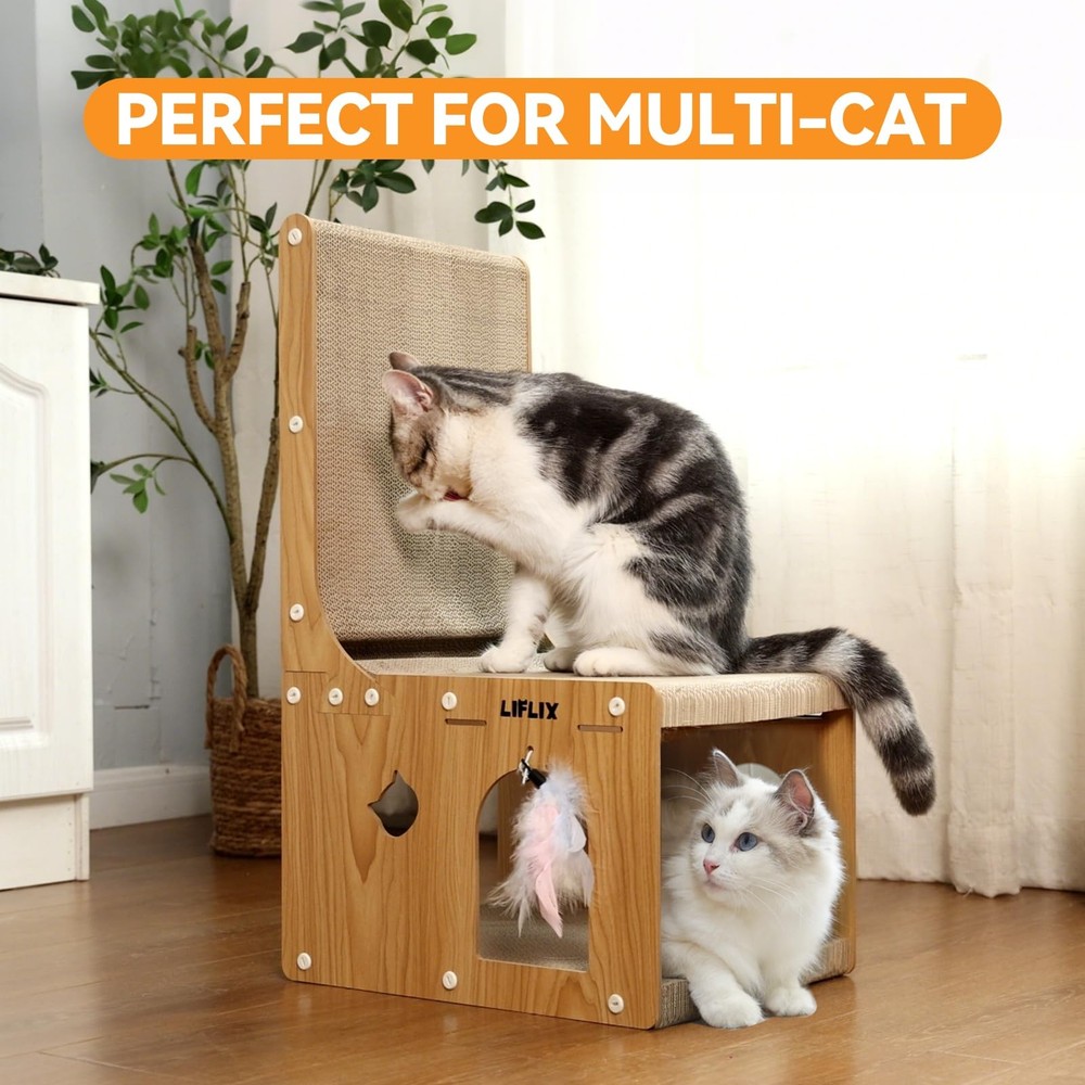 L-Shaped Double-Layer Cat Scratching Board Cardboard Post with Toys Hideaway