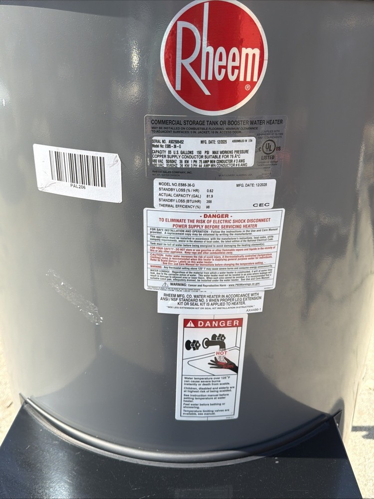 Rheem Es85-36-G 85 Gal Commercial Electric Water Heater, Single, Three Phase
