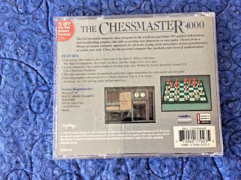 Preowned - “ The Chessmaster 4000” DVD -Windows 95 & 98 -original Papers & Case