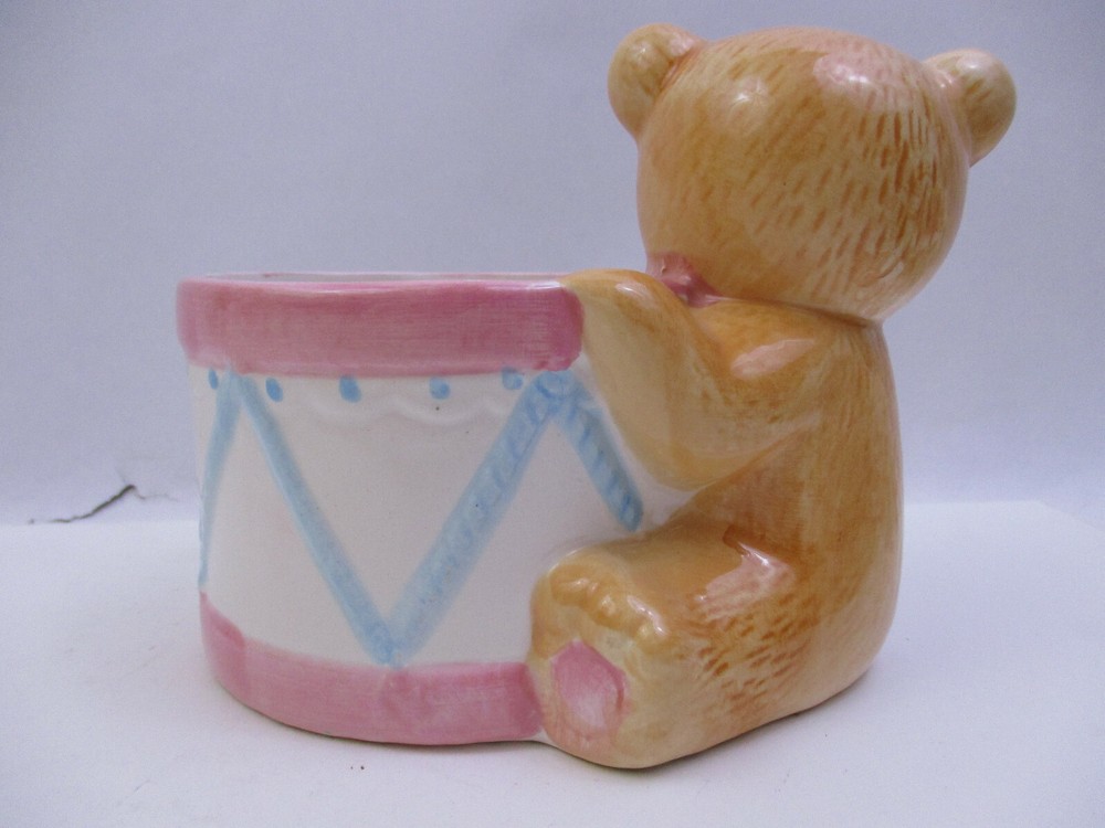 VINTAGE CERAMIC TEDDY BEAR w/DRUM - PLANTER VASE (BK3F)