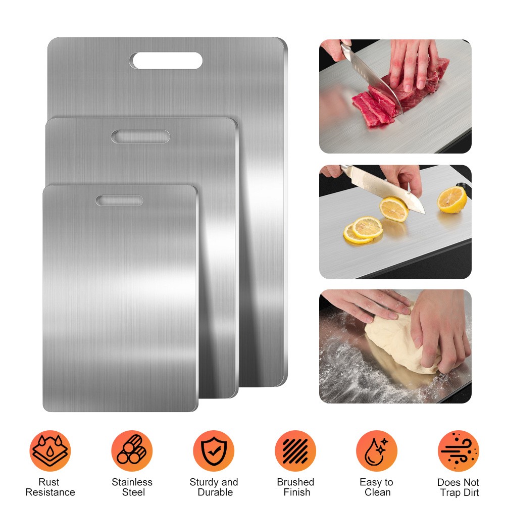 3 Pack Stainless Cutting Board 100% Pure Non-Stick Double-Sided for Kitchen
