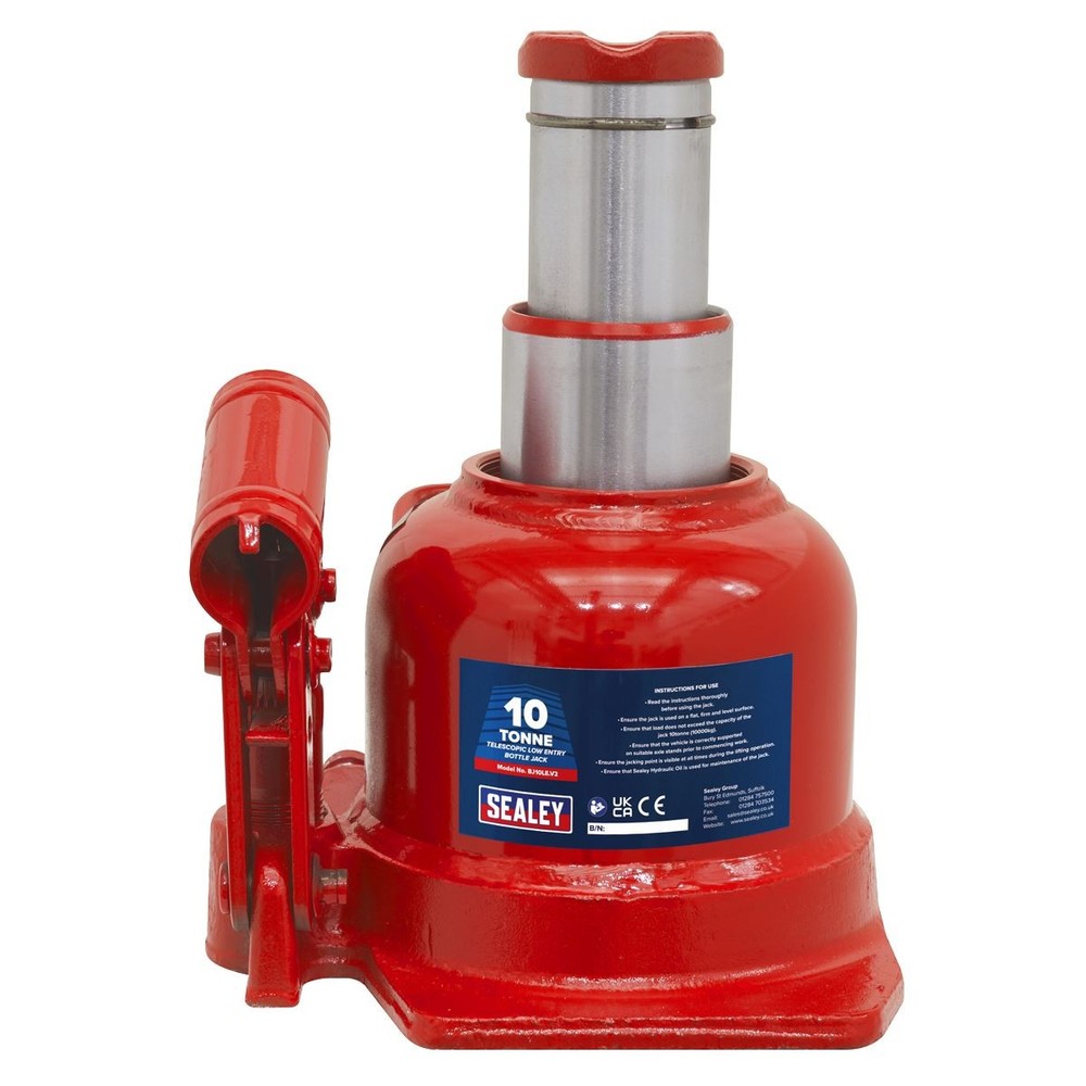 Sealey Bottle Jack 10tonne Low Entry Telescopic Overload Valve 4pc Handle