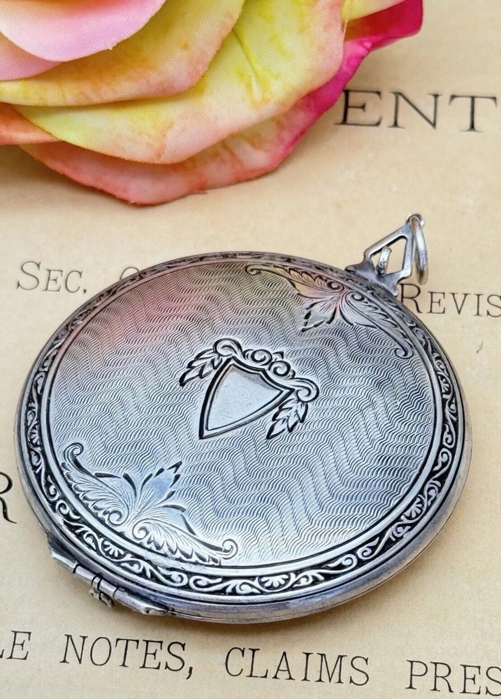 Antique Large Locket Sterling OES Round Engine Turned Shield Inscribed 1925