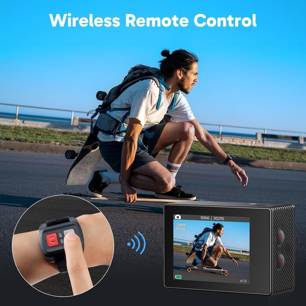 EK7000 4K 30FPS Action Camera, 20MP EIS, 131ft Waterproof, WiFi Remote Control