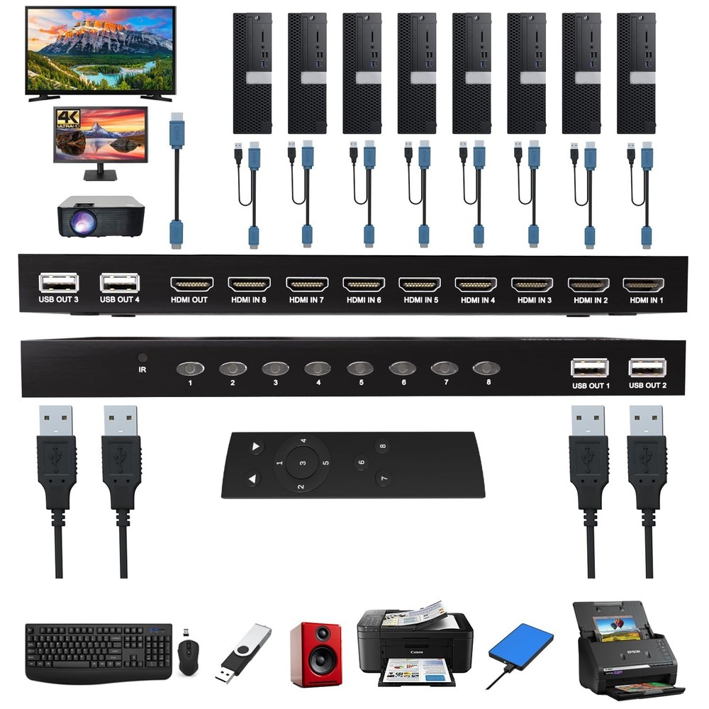 KVM Switch HDMI 8 Port - HDMI Switch with Remote- USB Switch Selector for 8 C...