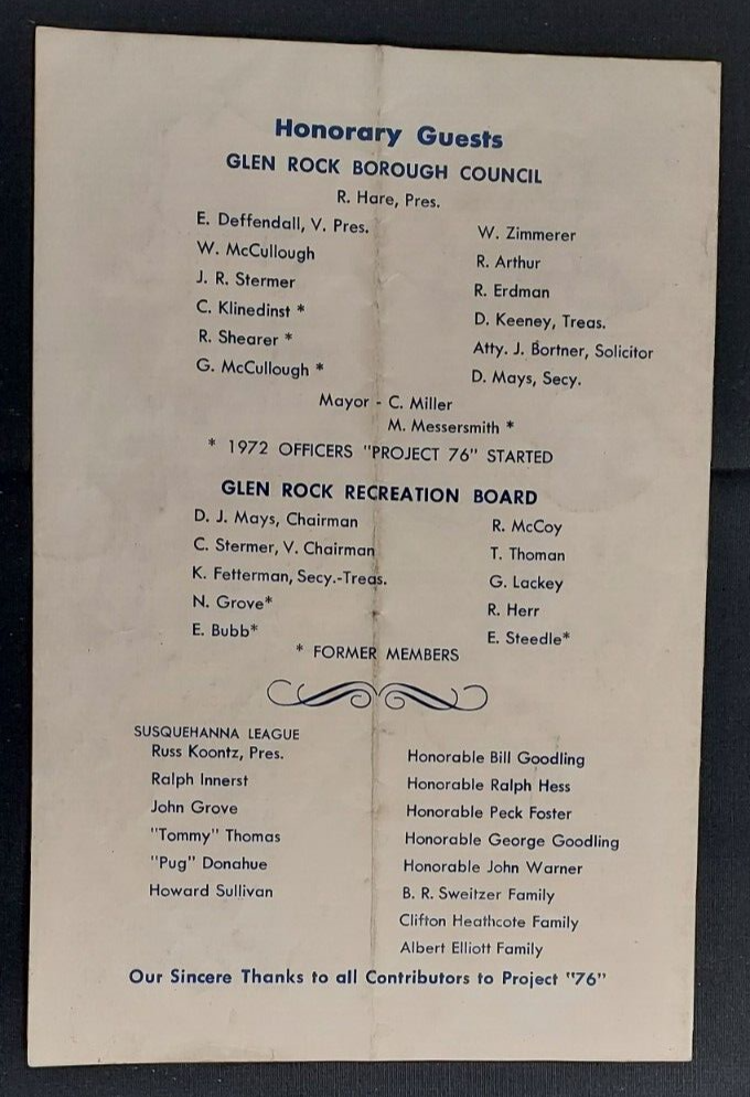 1976 Program Project 76 Baseball Field Dedication Old Timer's Game Glen Rock PA