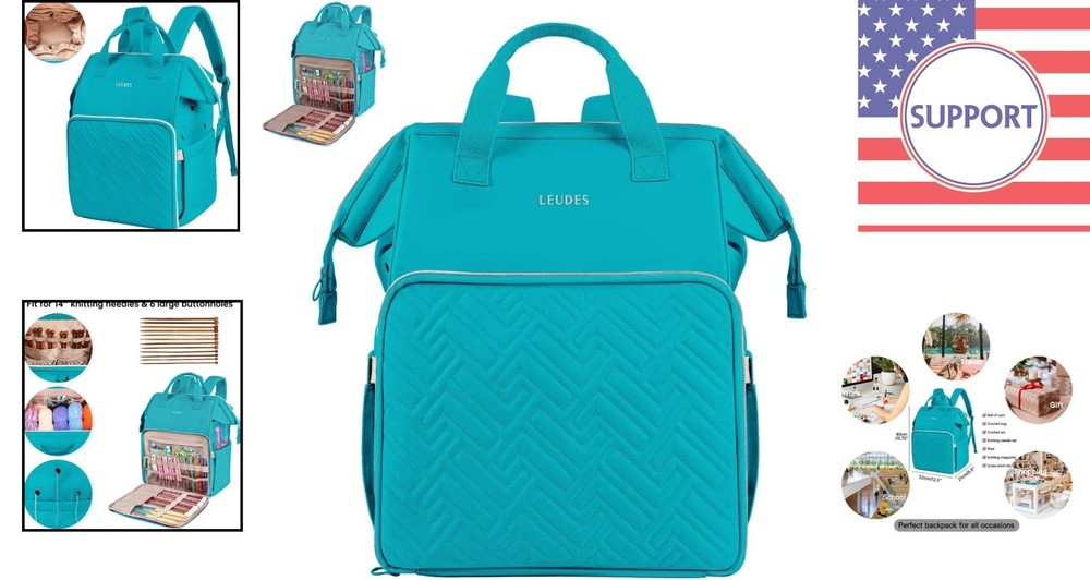 Comfortable Knitting Backpack: 25L Yarn Case with Multiple Pockets in Turquoise