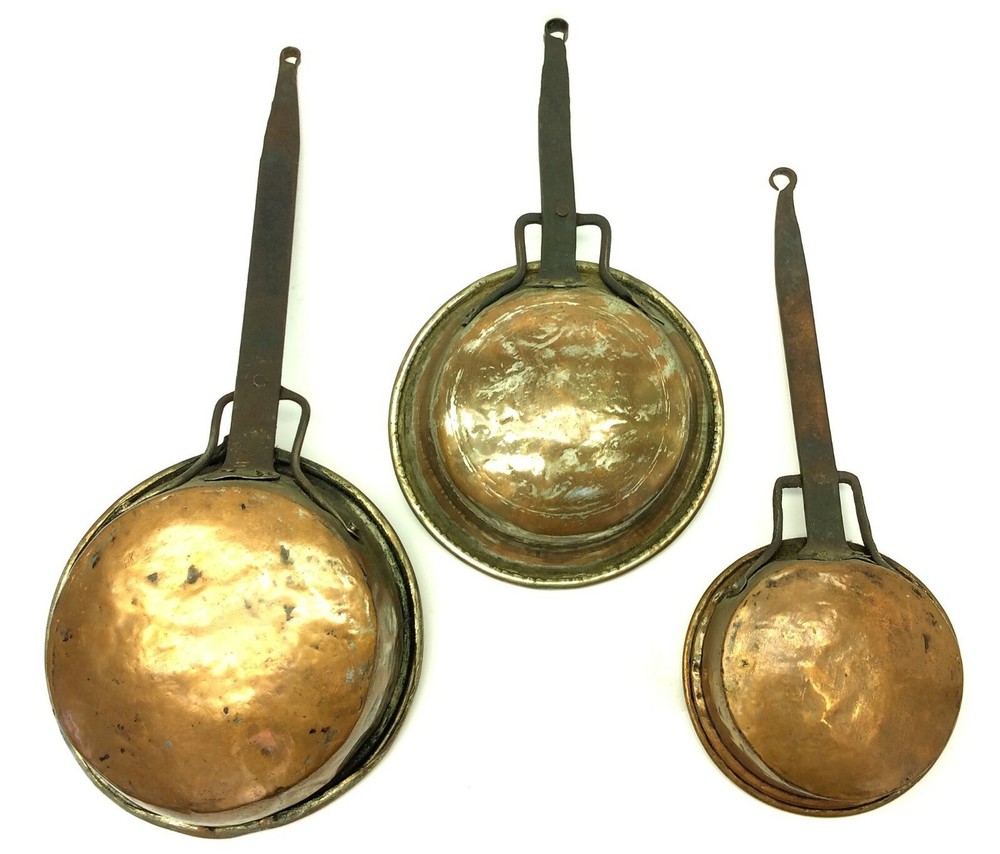 Set Three Forged Handle Iron Copperware Old Cookware Skillets Pans