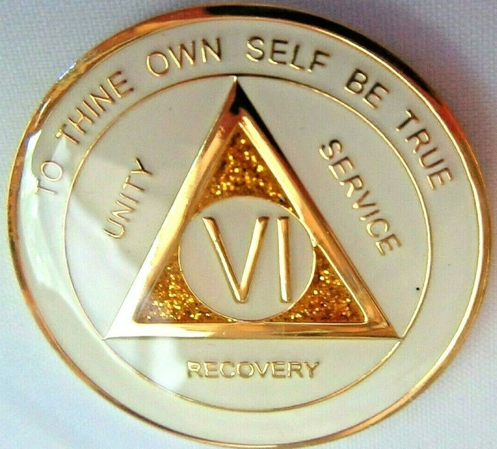 White SPARKLE Alcoholics Anonymous 6 year AA Medallion Chip token