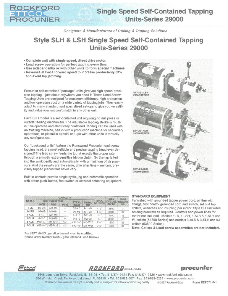 PROCUNIER TAPPING Style SLH Single Speed Self Contained Tap Head & Motor