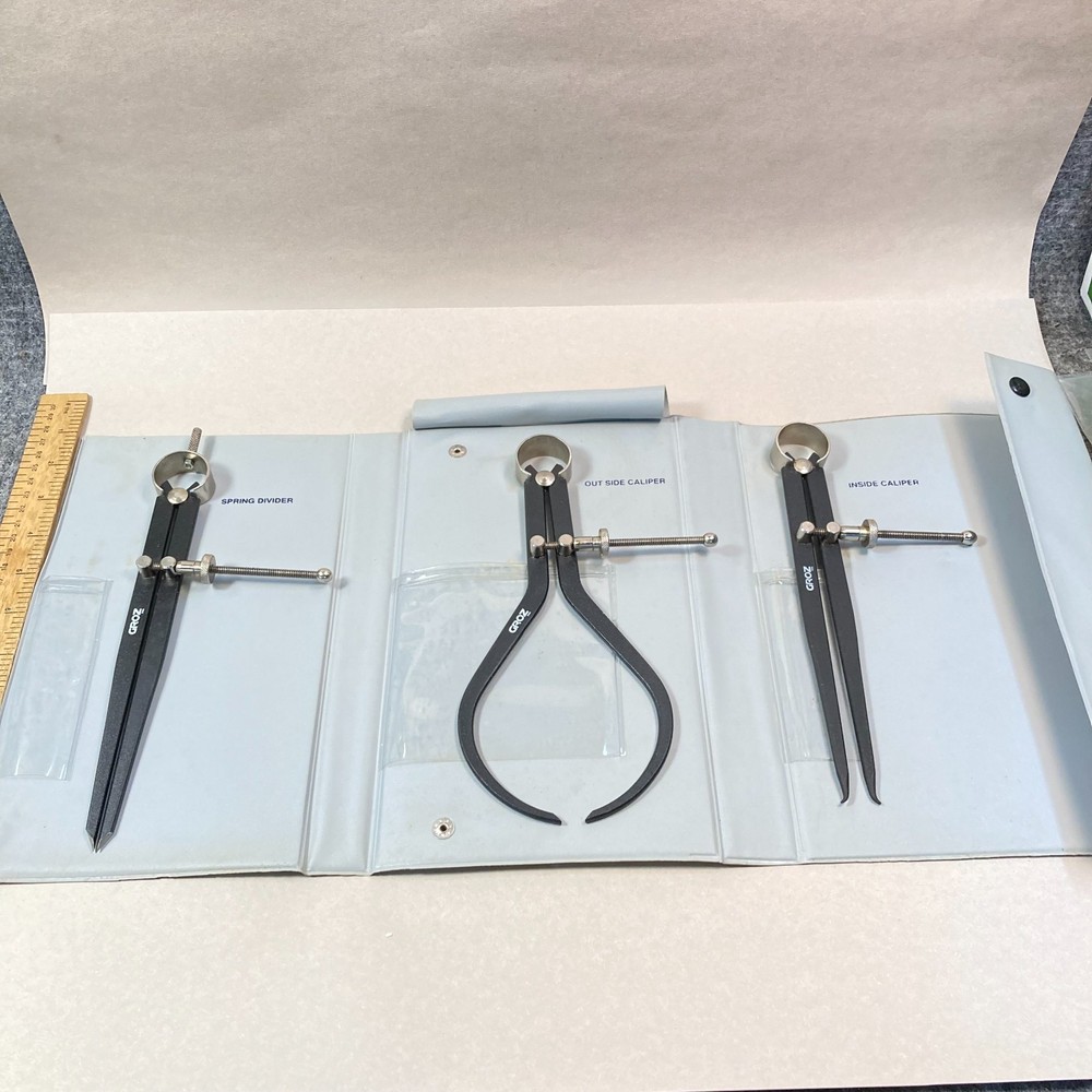 GROZ 8" Spring Caliper & Divider Set 3 Pc Inside Outside Caliper Spring Divider