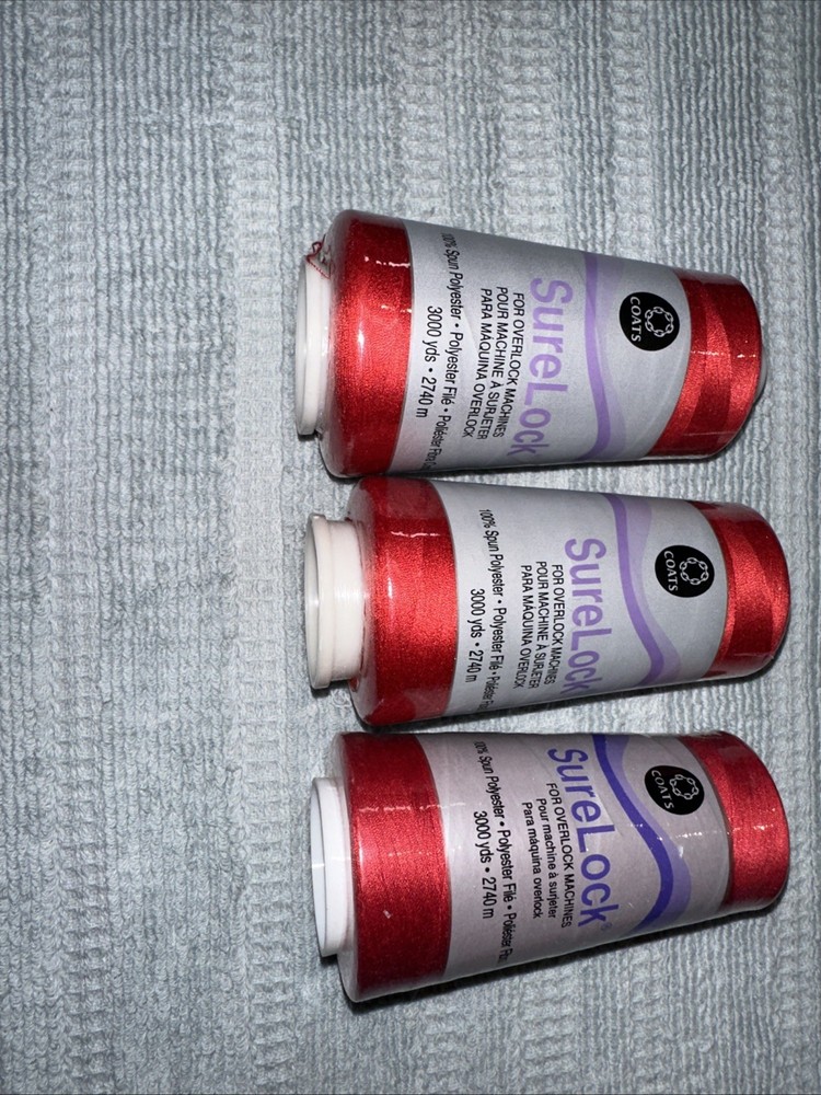 Coats Surelock 3 Spools 0128 Red Polyester Thread, Multi-purpose, 3000 Yds