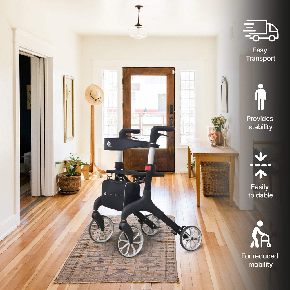 Foldable Wheeled Walker with Adjustable Height, 9-Inch Front and 8-Inch Rear Whe