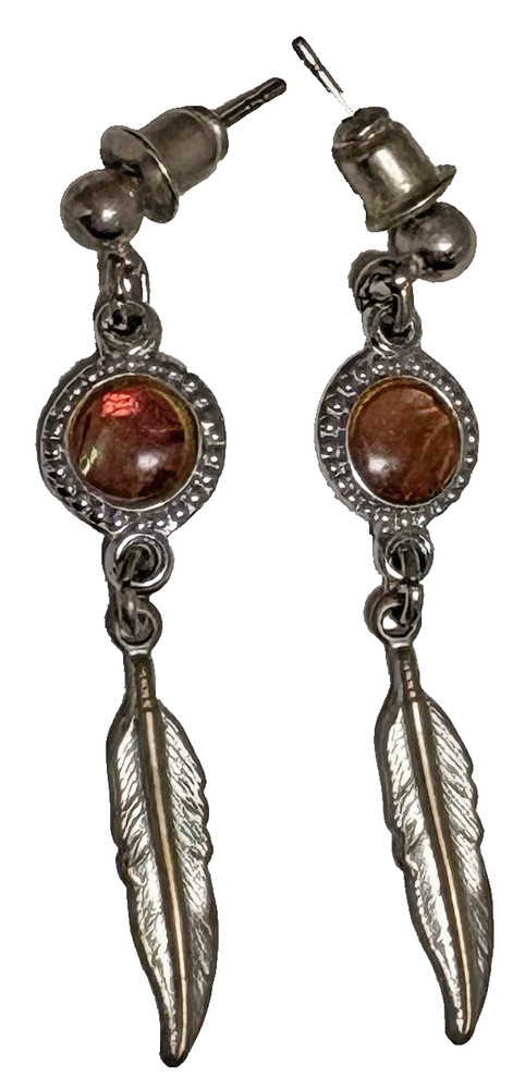 Silver Feather Dangle Earrings with Brown Cabochon Stone Accent