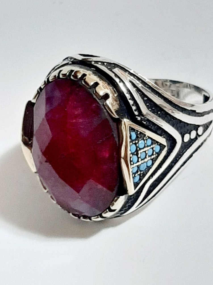 Mens 925 Ruby Turquoise Solitaire Silver Ring Man Sterling $