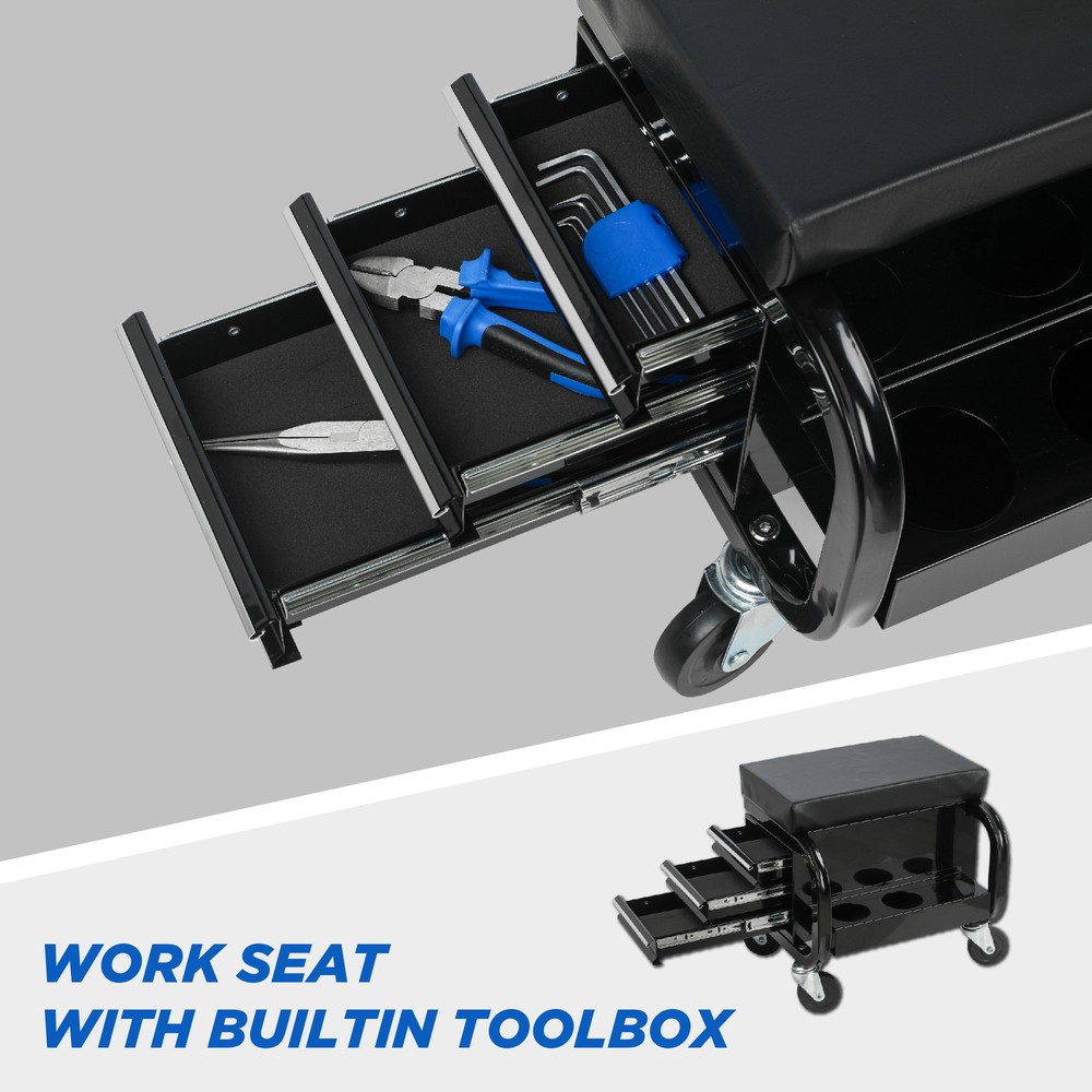 Rolling Creeper Garage/Shop Seat w/ 3 Built-in Drawers Rolling Tool Box Storage