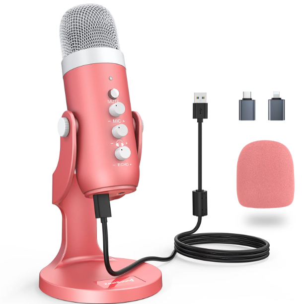 Gaming USB Pink Microphone with Quick Mute for Phone Computer PC PS5, Studio