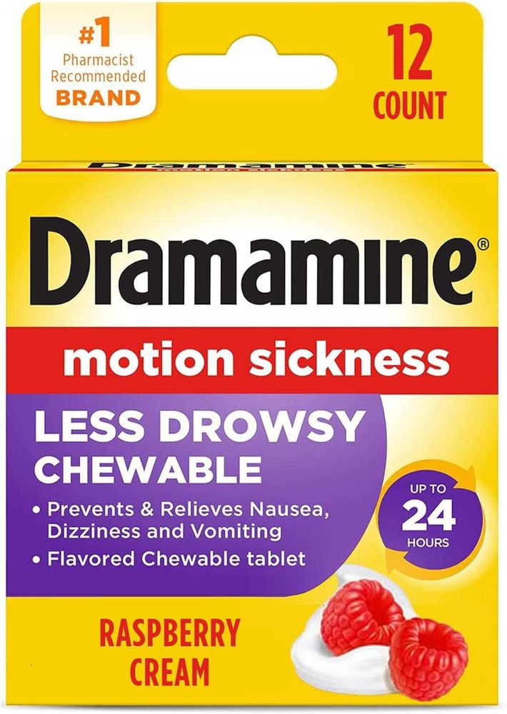 Dramamine Chewable Less Drowsy, Motion Sickness Relief, Raspberry Cream Flavor,