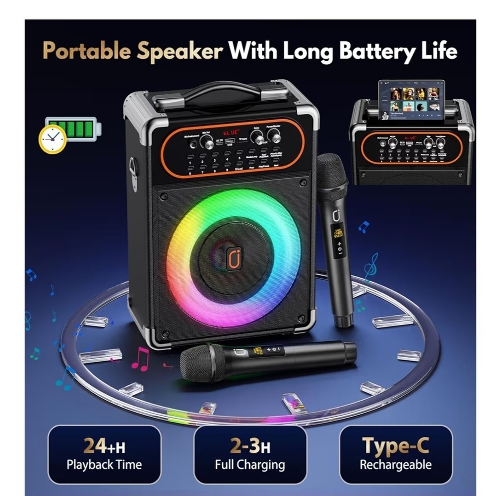 Karaoke Machine, Portable Bluetooth 5.3 Speaker with 2 Wireless Microphones