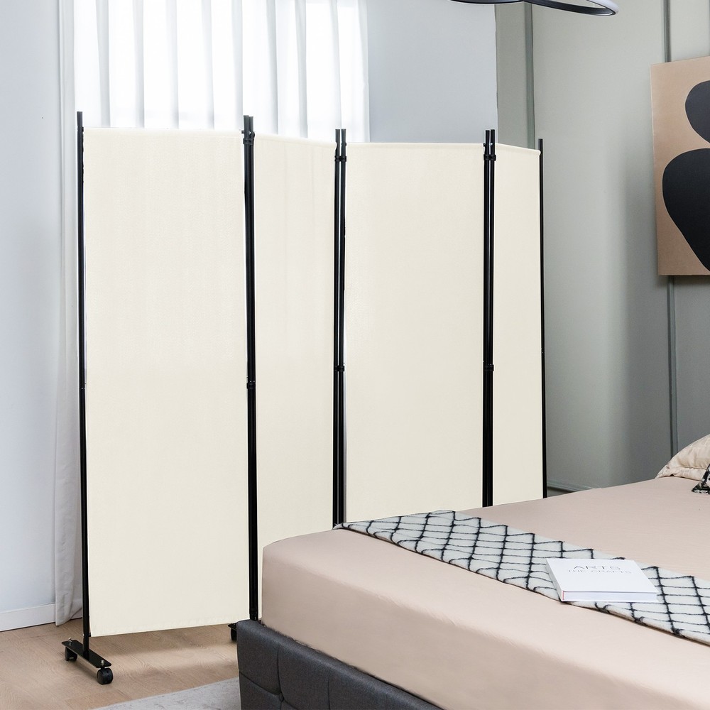 4-Panel Folding Room Divider 6' Rolling Privacy Screen w/ Lockable Wheels White