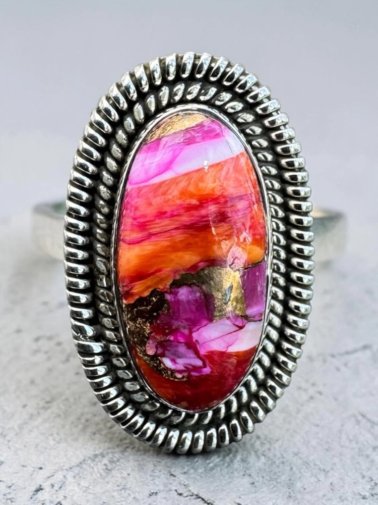 Kingman Pink Dahlia Turquoise Solid 925 Sterling Silver Ring – Size 6