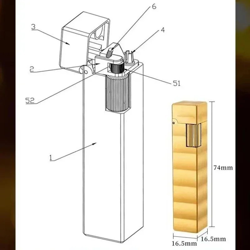 Retro Handmade Brass Kerosene Lighter Small Square Side Pulley Lighter