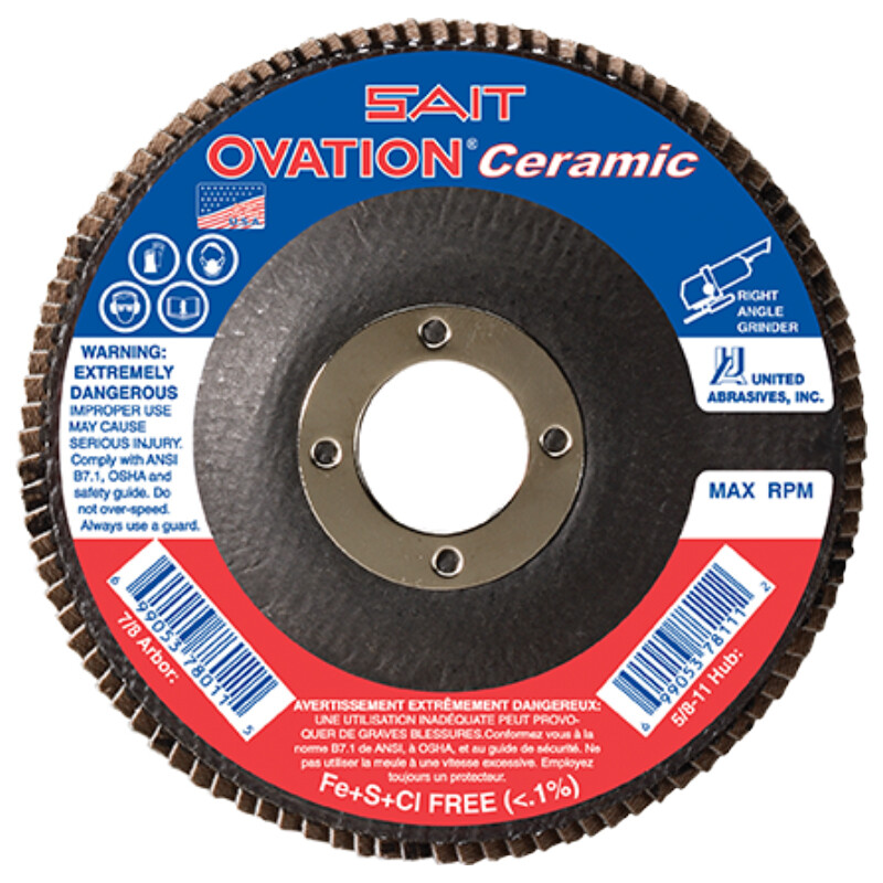 SAIT Ovation Ceramic Flap Disc Type 27 60 Grit 4-1/2" High Performance Flap Disc