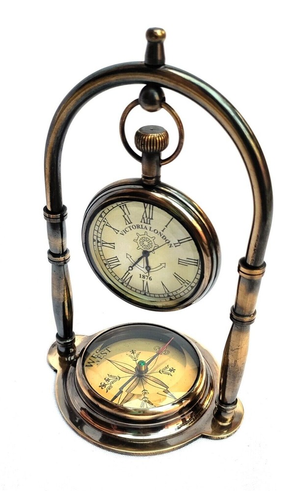 Maritime Compass Base Nautical Table Clock Ship’s Clock Antique Brass