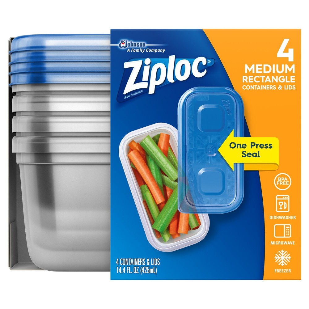 Ziploc One Press Seal Medium Rectangle Container - 4 ct