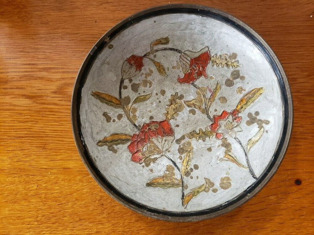 Commodore India Enameled Solid Brass Pedestal Bowl Floral