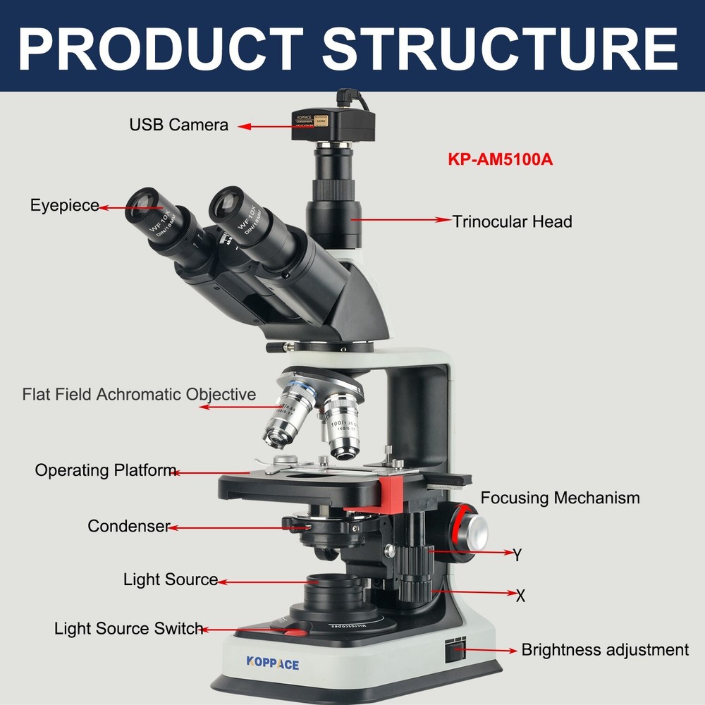 KOPPACE 40X-2500X Electron Biological Microscope 5 Million Pixels USB2.0 Camera