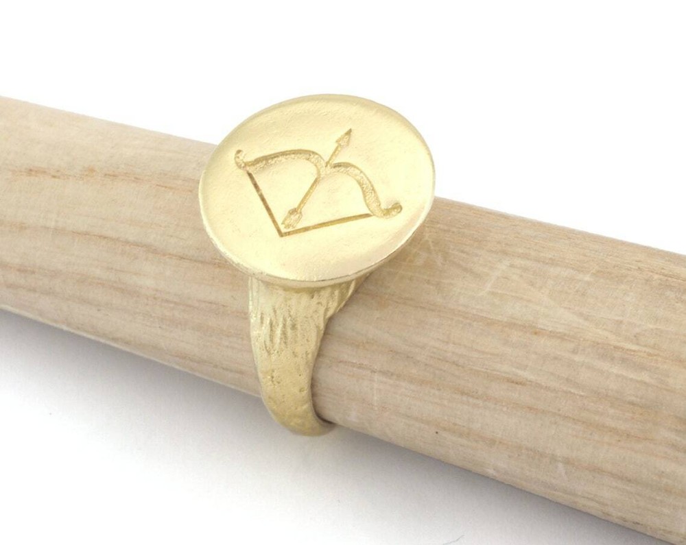 Bow Sagittarius Horoscope Bark Textured Adjustable Ring Raw brass 4861