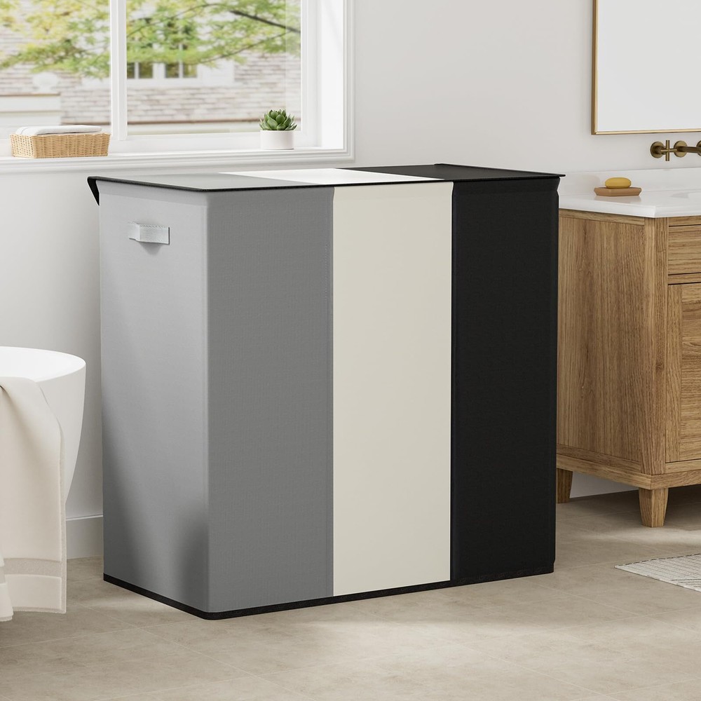 180L Laundry Hamper with Lid 3 SectionLarge Laundry Basket with Removable Bag...
