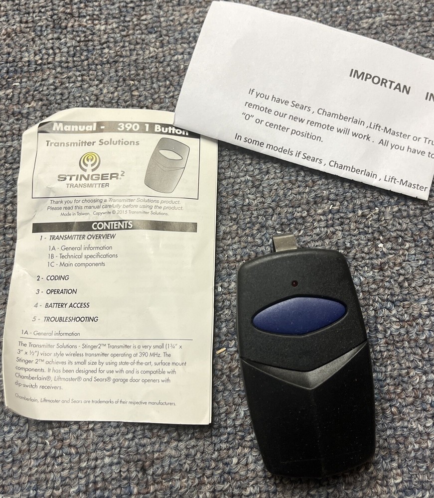 Stinger 2 390MHZ  One Button Transmitter Garage/Gate Opener