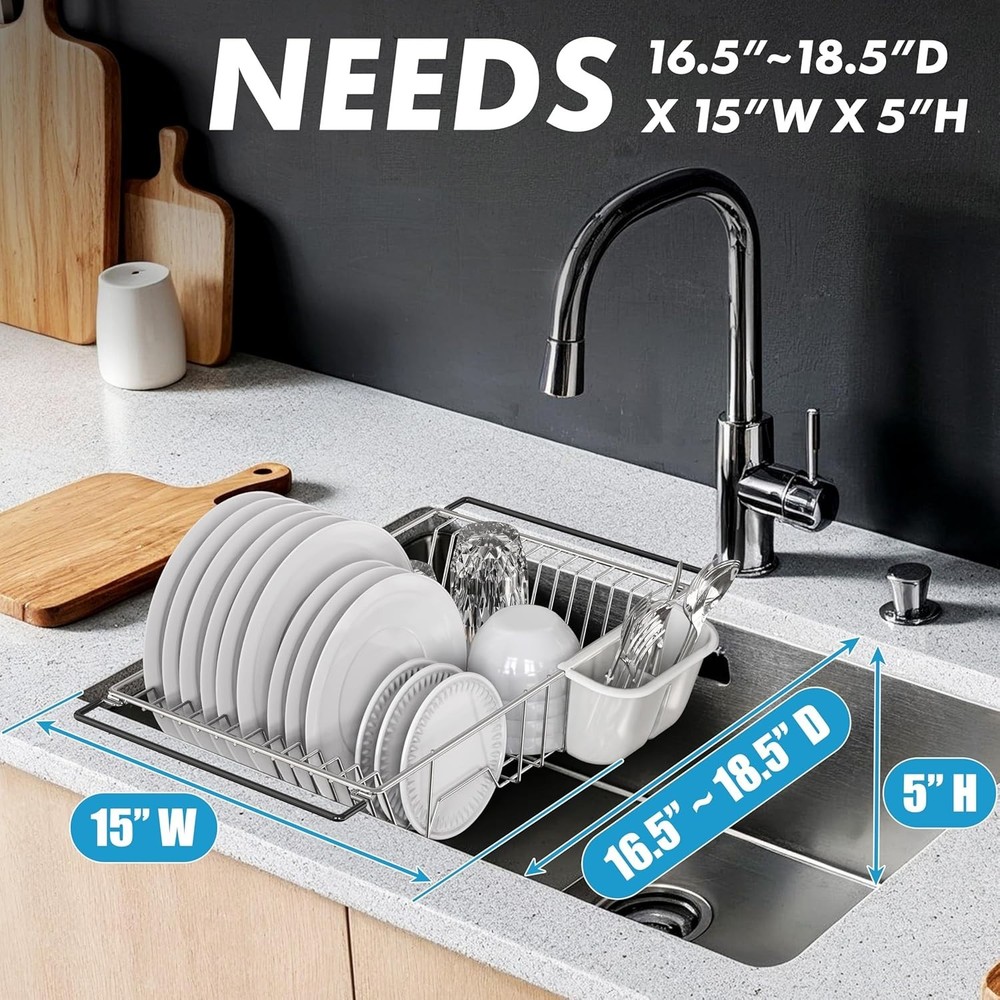 Chic Chrome Dish Drying Rack with 2-Compartment Utensil Holder - Large Capacity