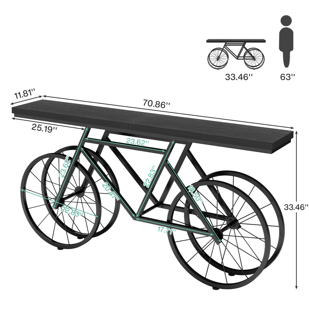 70.9-Inch Extra Long Console Table, Narrow Sofa Table with Bicycle Metal Base