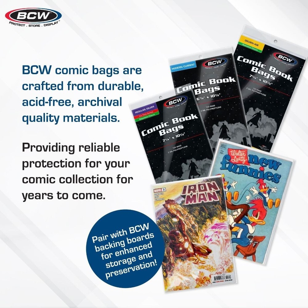 100- BCW Regular / Silver 2-Mil Polypropylene Comic Book Bags = Resealable