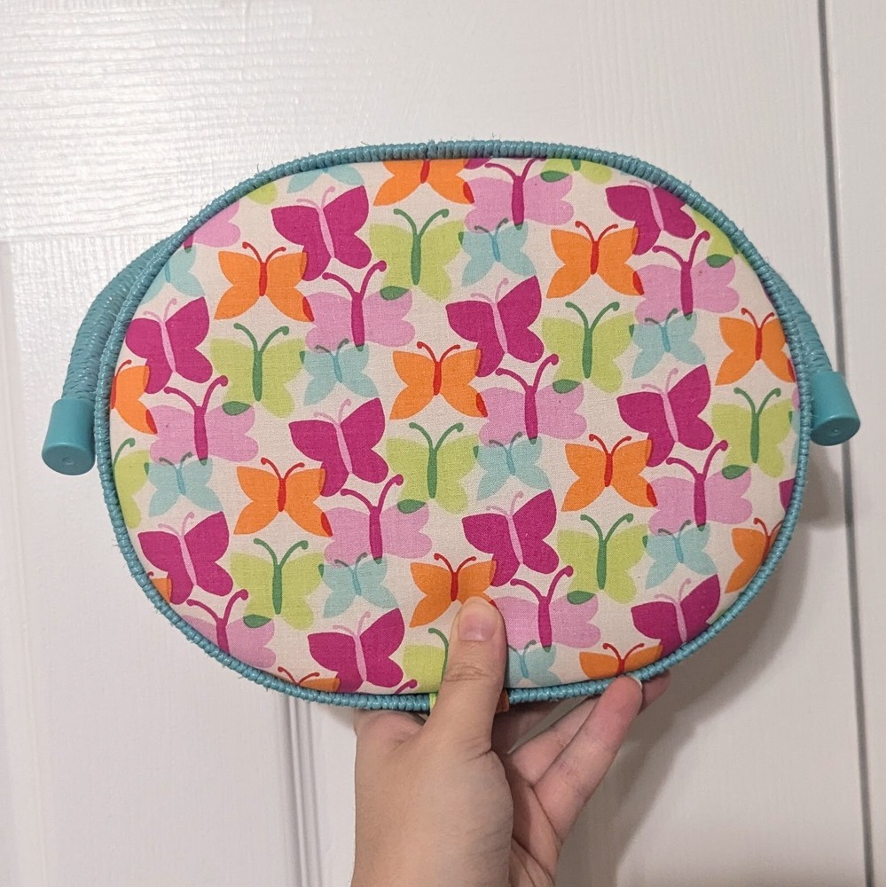 Rainbow-striped and butterfly-patterned small sewing basket/kit/storage