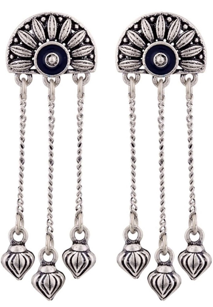 Indian Ethnic Dangle Earrings Silver Tone Handmade Push Back