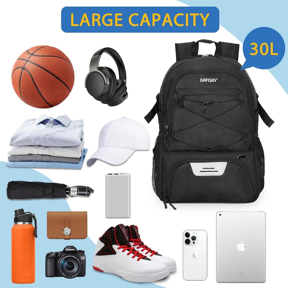 Basketball Backpack with Ball Compartment – Large Medium, Black