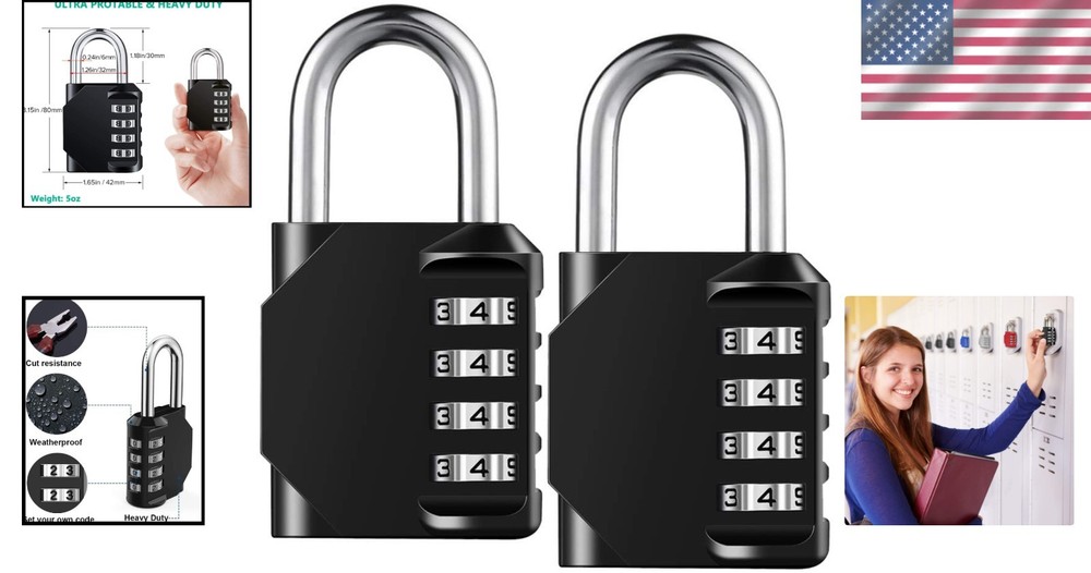 Heavy-Duty Waterproof 4-Digit Resettable Padlock - 2 Pack for Ultimate Security