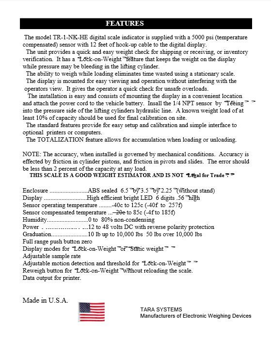 Tara System Forklift / Loader Hydraulic Scale System / Pressure Sensor, New