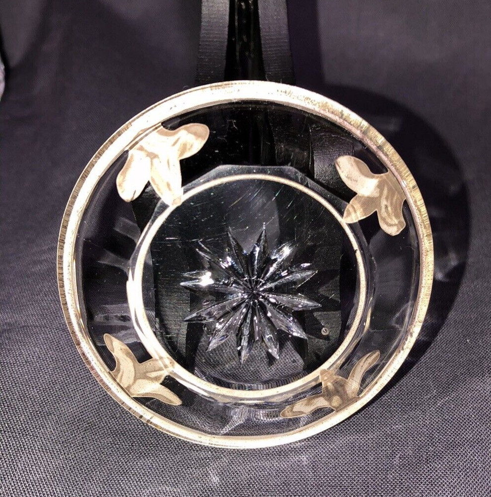 Edwardian Silver Overlay Fleur De Lis Hand Blown Cut Crystal Dish