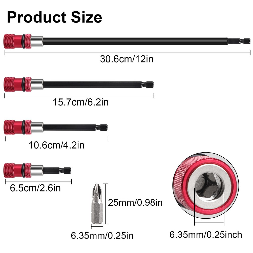 4Pcs Drill Extension 1/4" Hex Quick Release Bit Holder 12" 6" 4" 2"+4Pcs PH2 Bit