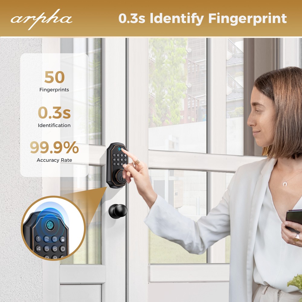 ARPHA Keyless Fingerprint Smart Door Lock Auto Lock Deadbolt APP+Handle Keypad