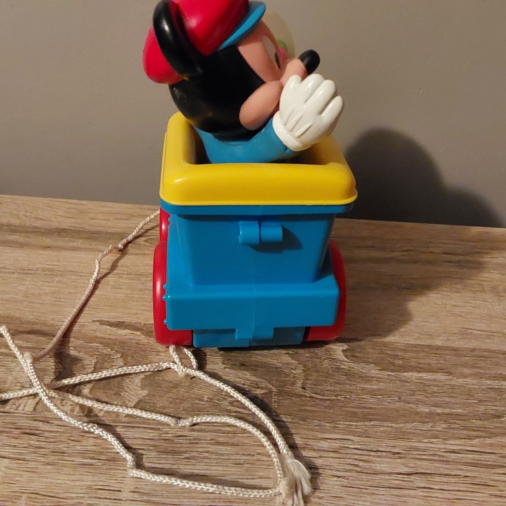 Vintage Plastic Disney Mickey Mouse on Train Pull Toy Balls Pop Up when pulled
