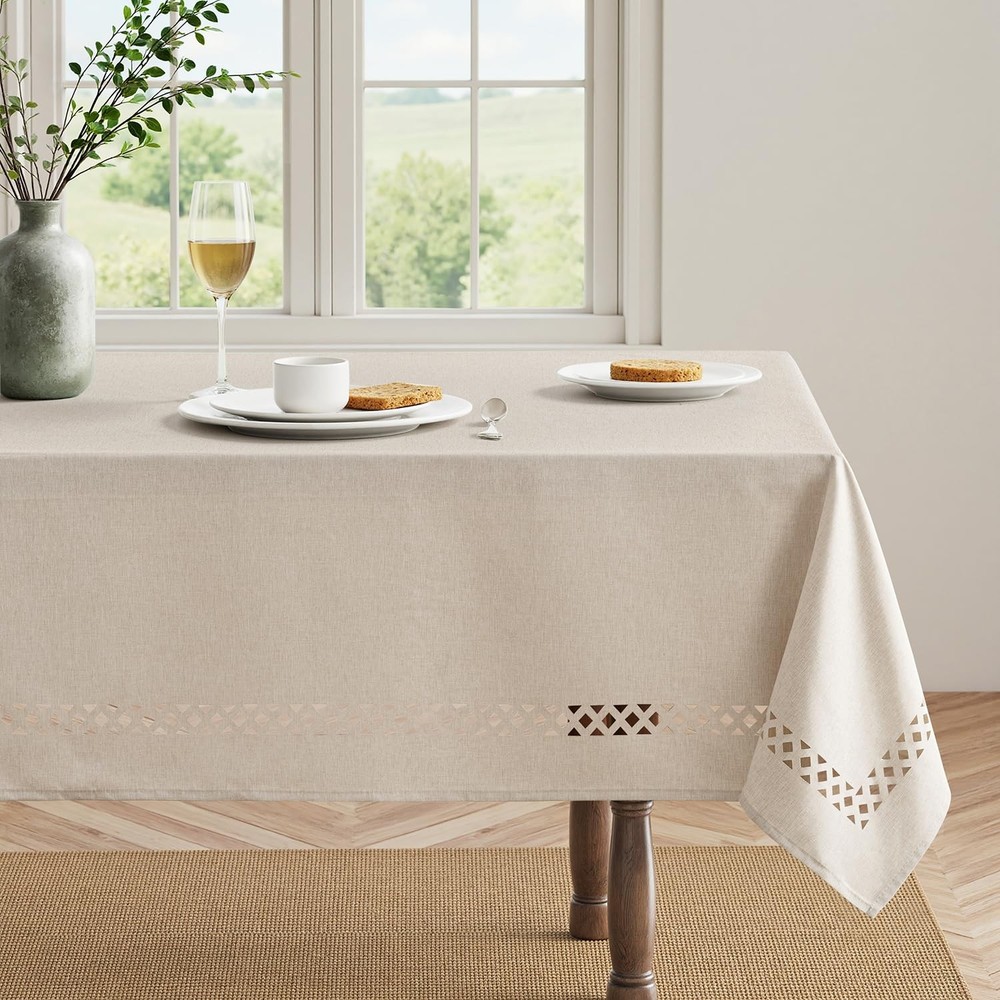 MIULEE Beige Rectangle Linen Polyester Tablecloth with Decorative Cutouts Spr...
