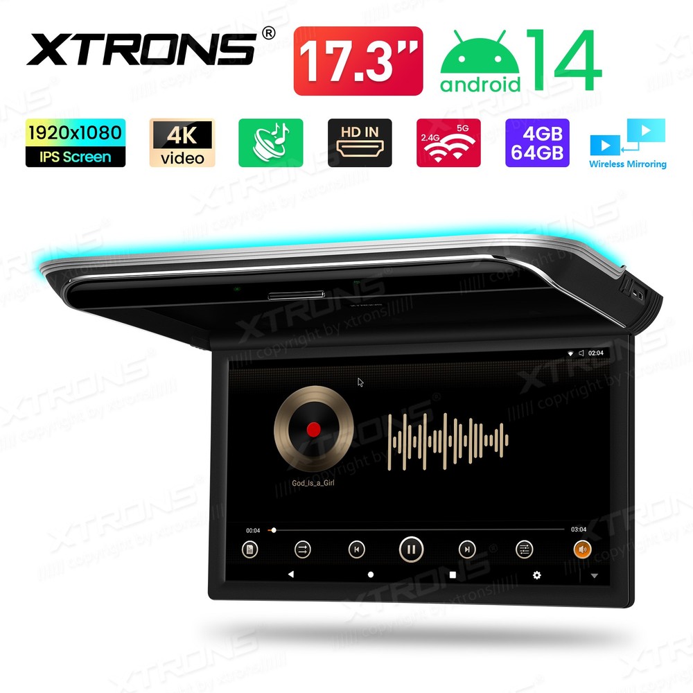 17.3" Car Ceiling Mount TV Android 14 Flip Down Screen 4K Octa Core HDMI WiFi